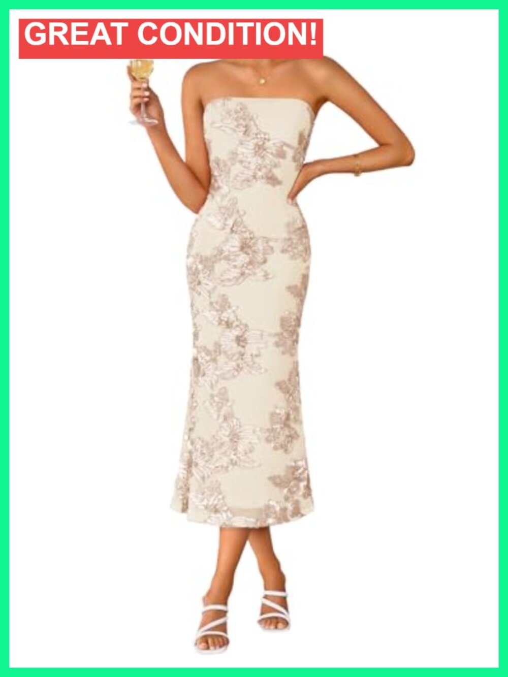 Strapless Floral Mesh Bodycon Midi Dress for Cocktail Wedding Guest
